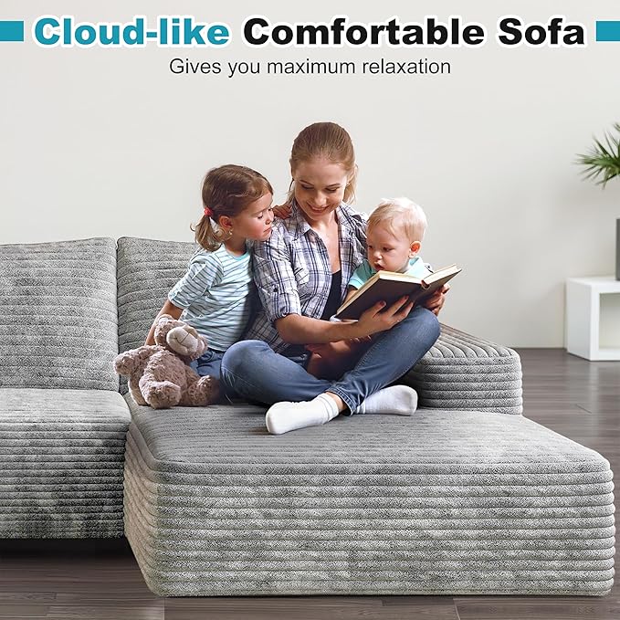 Sectional Couches for Living Room 112" L-Shape Cloud Couch Modern Modular Sectional Sofa Bad, Boneless Couch with Right Deep Seat, No Assembly Required (Plush Corduroy Fabric, Grey)