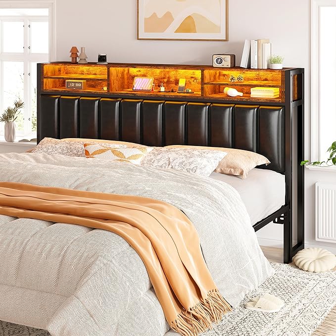 EnHomee King Headboard with Charging Port, King Headboard Only with LED Light, with Storage Shelf, King Size Headboard Only Upholstered for Bedroom