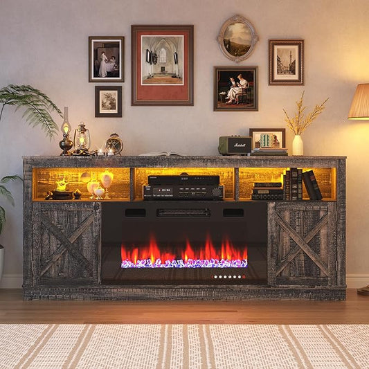 Farmhouse TV Stand with 36" Fireplace for 80" TV, 70" Fireplace Entertainment Center with Barn Doors and LED Light, Tall Fireplace TV Stands for Living Room, Dark Rustic Oak