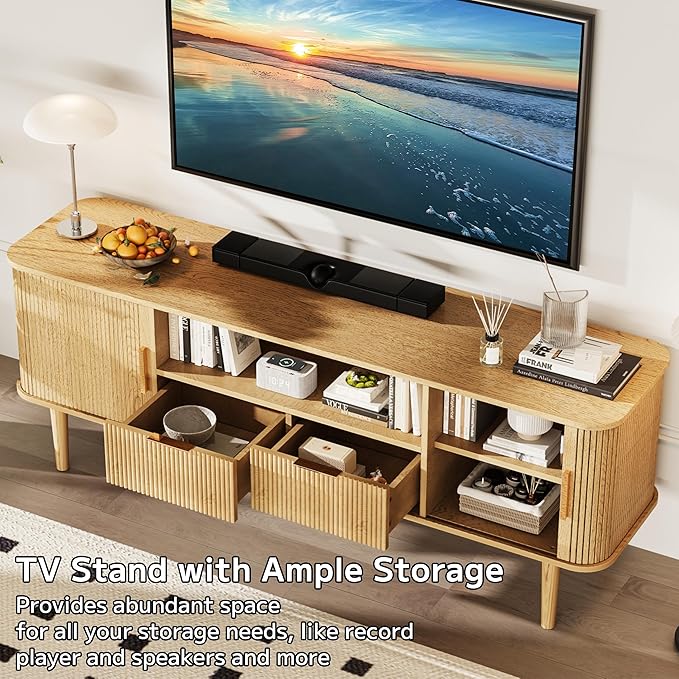 TV Stand 62.4 Inch Mid Century Modern Media Console Table with Drawer Sliding Tambour Door Farmhouse Sideboard Buffet Cabinet Fit TVs up to 75 inch Fluted Wood Entertainment Center(Oak)