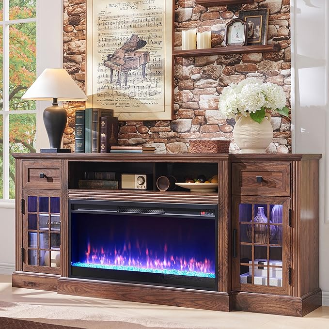 Farmhouse Fireplace TV Stand for 80 Inch TV, Entertainment Center w/ 36'' Electric Fireplace & LED Lights, Mordern Media Console with Storage Drawers & Cabinets for Living Room, Brown