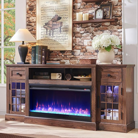 Farmhouse Fireplace TV Stand for 80 Inch TV, Entertainment Center w/ 36'' Electric Fireplace & LED Lights, Mordern Media Console with Storage Drawers & Cabinets for Living Room, Brown