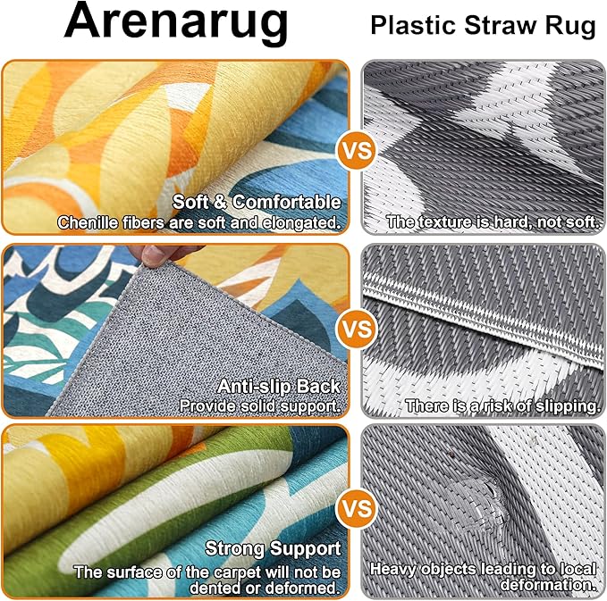 Indoor Outdoor Area Rug Washable Multicolored Patio Rug Tropical Botanical Modern Floral Indoor Outdoor Carpet Non Slip Yellow Green Rug Non Shedding for Patio, Deck, Backyard, Porch (9x12)