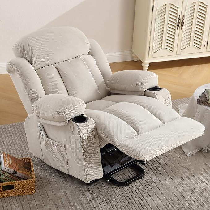 Power Lift Recliner Chair for Elderly with Vibration Massage and Lumbar Heating Electric Oversized Single Sofa with Cup Holder and USB Charge Port for Living Room