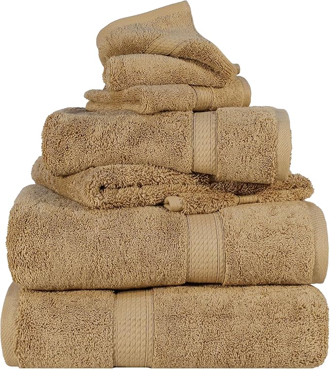 Superior Egyptian Cotton Pile 6 Piece Towel Set, Includes 2 Bath, 2 Hand, 2 Face Towels/Washcloths, Ultra Soft Luxury Towels, Thick Plush Essentials, Guest Bath, Spa, Hotel Bathroom, Toast