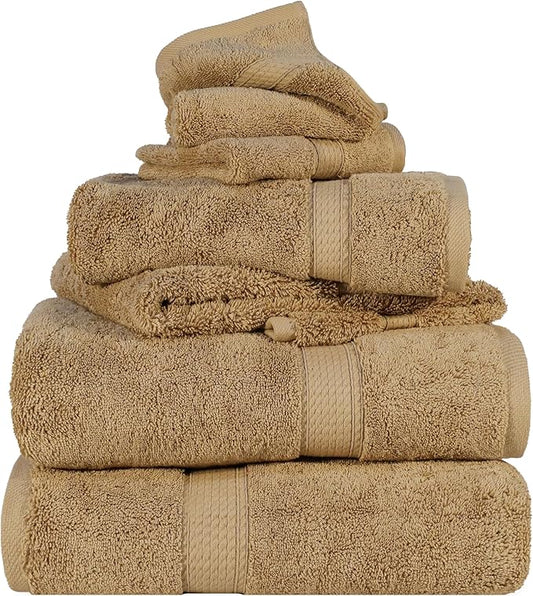 Superior Egyptian Cotton Pile 6 Piece Towel Set, Includes 2 Bath, 2 Hand, 2 Face Towels/Washcloths, Ultra Soft Luxury Towels, Thick Plush Essentials, Guest Bath, Spa, Hotel Bathroom, Toast