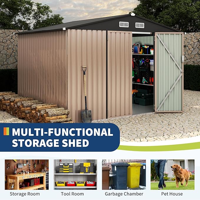 8x10 FT Metal Storage Sheds Outdoor with Floor, Metal ToolShed with Lockable Door, Metals Yard Sheds Metals Garden Shed Kit, MetalUtility Sheds Buildings with Air Vent for Backyard Garden Patio Lawn