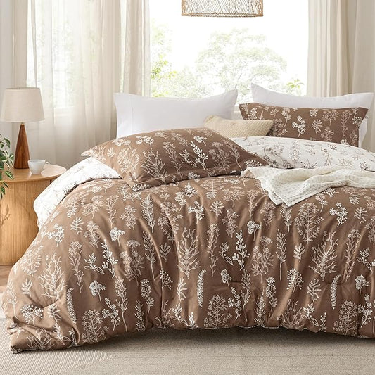Bedsure Queen Comforter Set - Brown Bed Set, 3 Pieces Cute Floral Bedding, 1 Soft Reversible Botanical Flowers Comforter and 2 Pillow Shams