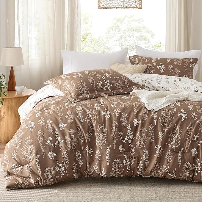 Bedsure Full Comforter Set - Brown Bed Set, 3 Pieces Cute Floral Bedding, 1 Soft Reversible Botanical Flowers Comforter and 2 Pillow Shams