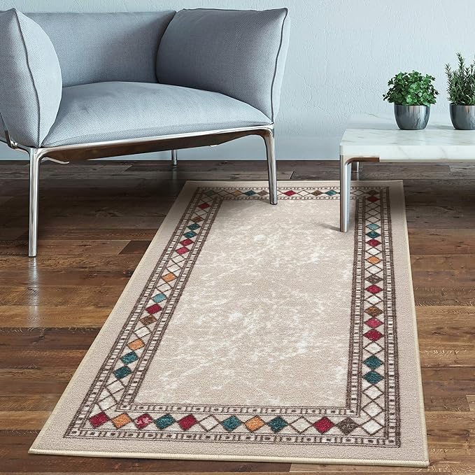 Antep Rugs Alfombras Modern Bordered 2x4 Non-Skid (Non-Slip) Low Profile Pile Rubber Backing Kitchen Area Rugs (Beige, 2'3" x 4')