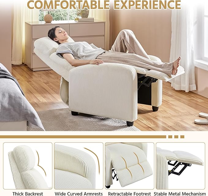 Yaheetech Corduroy Recliner Chair Single Sofa Home Theater Seating Adjustable Modern Reclining Chair for Living Room Bedroom Home Theater Beige