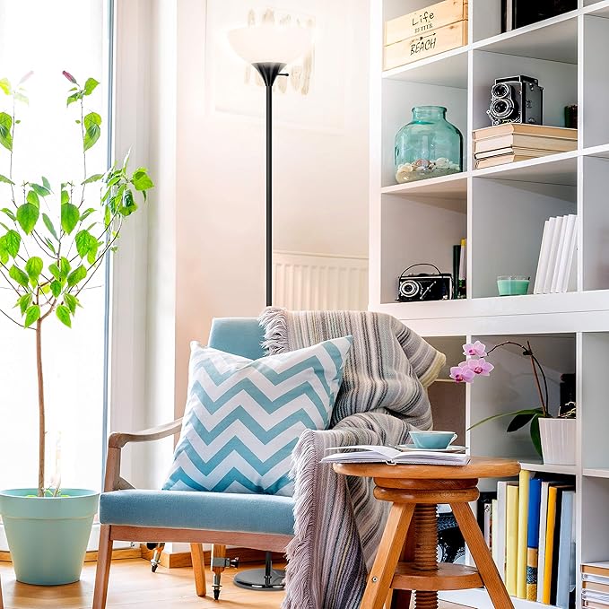 Brightech Sky Dome Dimmable LED Floor Lamp, Torchiere Floor Lamp for Living Rooms & Offices – Tall Standing Lamp for Reading & Hobbies – Jet Black