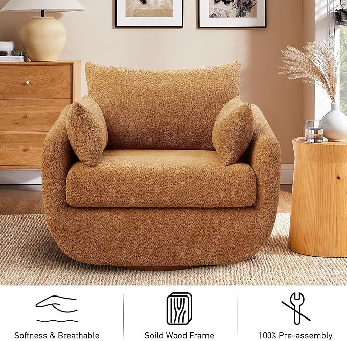 360° Swivel Accent Armchair Set of 2, 39.3" Oversized, Sherpa Boucle Fabric Sofa Chair with Removable Back & Arm Pillows, Swivel Chairs with Cozy Soft Padded, No Assembly Required, Curry