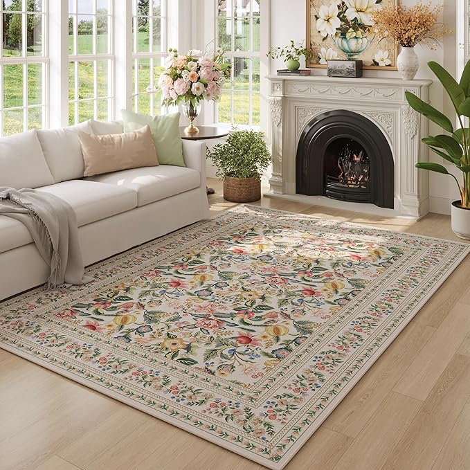 Area Rugs 8x10 for Living Room Clearance Washable Vintage Floral Rug Non Slip Low Pile Large Rug for Bedroom, Farmhouse, Dining Room, Kids Playroom, Beige