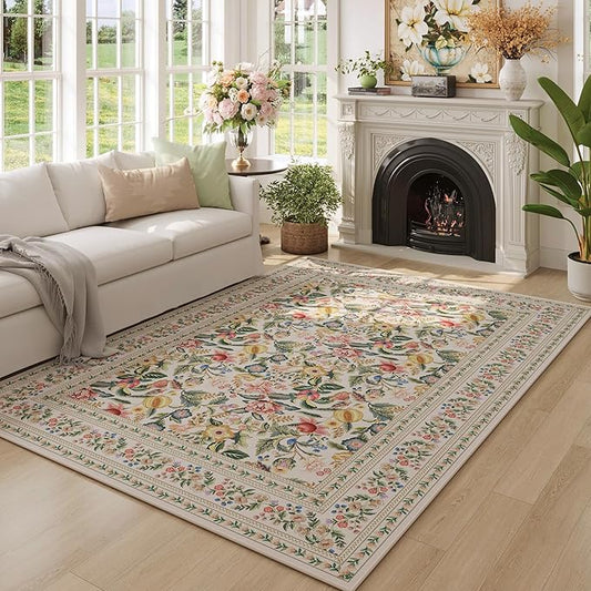 5x7 Washable Rug Vintage Floral Area Rug Non Slip Low Pile Large Rugs for Living Room, Bedroom, Farmhouse, Dining Room, Kids Playroom, Beige