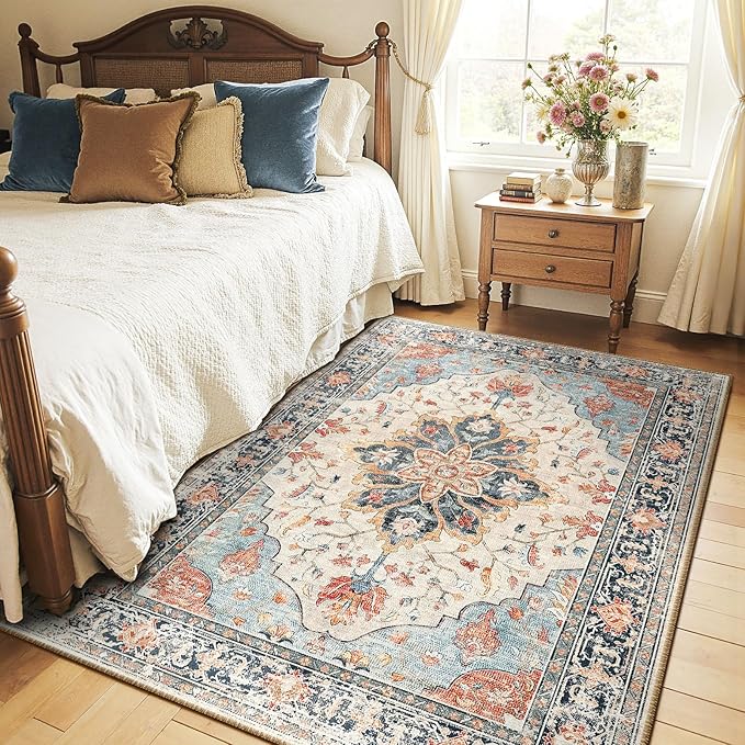 Area Rugs 5'x7' Washable Non-Slip, Floral Vintage Distress Print Pattern Medallion Carpet for Living Room Bedroom Dining Room, Beige Navy Blue Orange Colorful