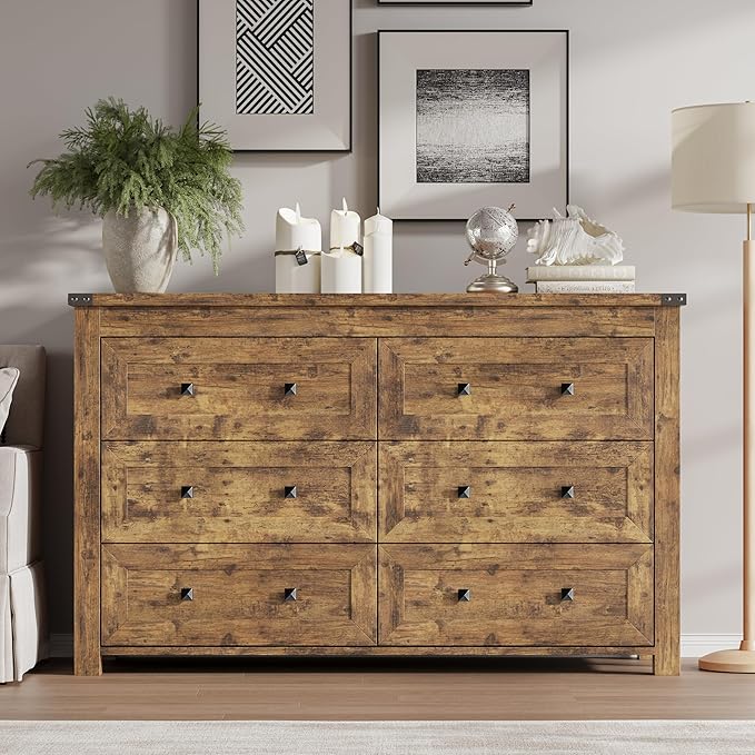 6-Drawer Dresser, Modern Wooden Storage Chest of Drawers, Dresser TV Stand, Wood Drawer Organizer with Metal Handles for Bedroom, Living Room, Hallway