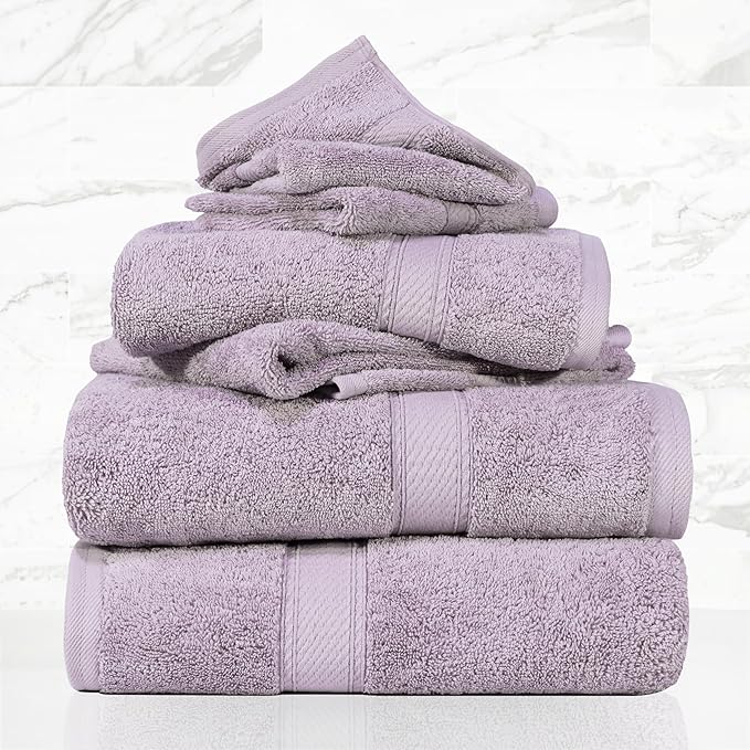 Superior Egyptian Cotton Pile 6 Piece Towel Set, Includes 2 Bath, 2 Hand, 2 Face Towels/Washcloths, Ultra Soft Luxury Towels, Thick Plush Essentials, Guest Bath, Spa, Hotel Bathroom, Purple