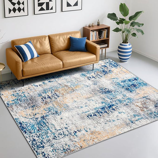 Abstract Area Rug 5x8 Rugs, Machine Washable Rug Non-Slip Low Pile Rug for Living Room, Bedroom, Farmhouse, Dining Room, Blue
