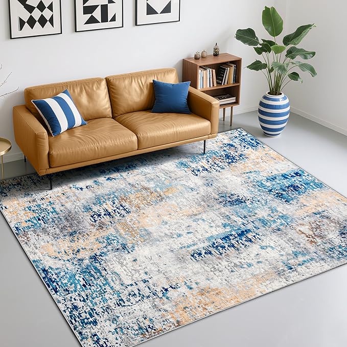 Living Room Rug 6x9 Rug, Machine Washable Area Rug Non Slip Low Pile Rug for Living Room, Bedroom, Farmhouse, Dining Room, Kids Playroom, Blue