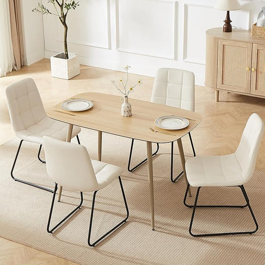 47.2'' Dining Table Set for 4 - Modern Wood Table with Cat Scratch-Resistant Surface & 4 U-Shaped White Leather Chairs, Kitchen & Dining Room Furniture, Space-Saving Table and Chairs Set
