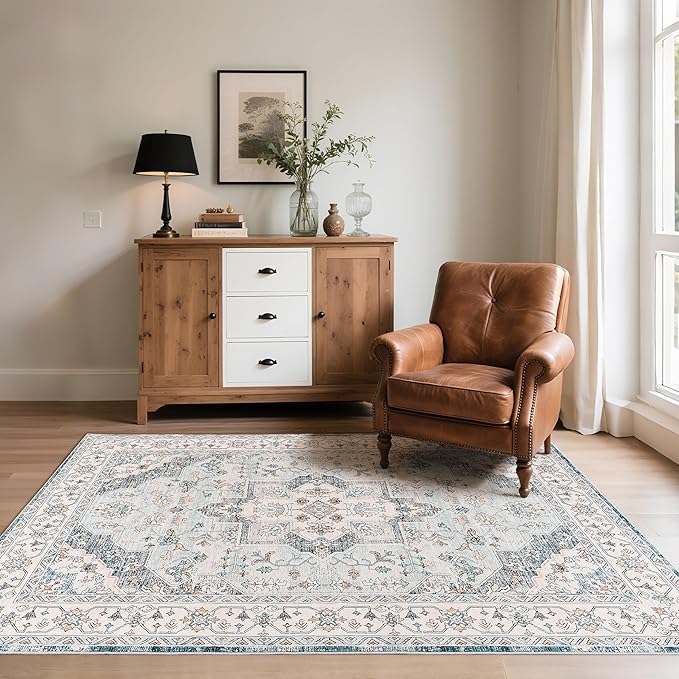 Vintage Area Rug 5x7 Rugs, Machine Washable Rug Non-Slip Low Pile Rug for Living Room, Bedroom, Farmhouse, Dining Room, Blue