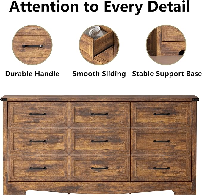 Dresser for Bedroom, 59'' Wide Wooden Chest of Drawers with Natural Wood Texture, 9 Drawer Dresser for Closet with Metal Handles, Sleek Storage Solution for Living Room, Office, Hallway, Brown