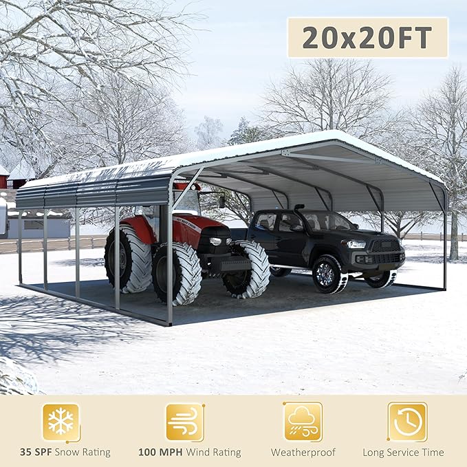 VEIKOU 20'x20' Metal Carport, Heavy Duty Car Port with Steel Panels, Carport with Innovative Assembly Structure, Carports for Car, Boat, Truck