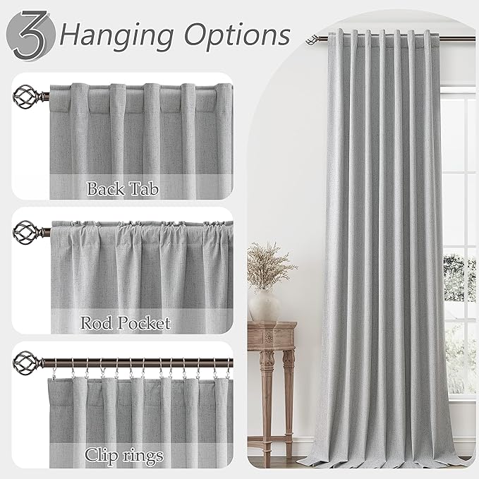 Sliver Grey Blackout Curtains 96 Inch Length 2 Panels Set for Living Room Bedroom Back Tab Thermal Insulated 100% Black Out Linen Drapes Room Darkening Window Curtains 96 Inches Long Sliver Grey