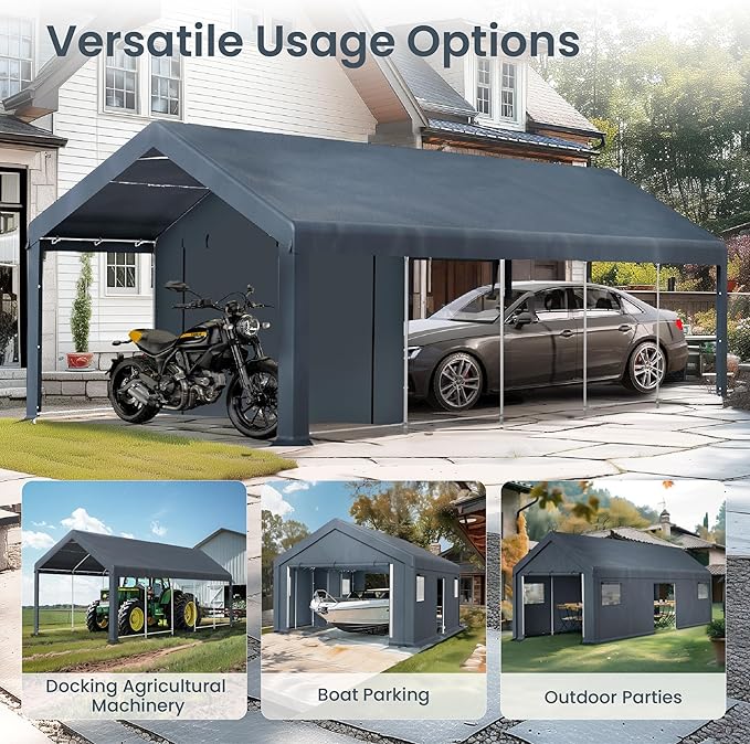 PHI VILLA 13'x24'x9.6' Outdoor Portable Storage Shelter Shed Garage with Roll up Zipper Doors & Vents Carport for Motorcycle Waterproof and UV Resistant Anti-Snow Portable Garage Kit Tent, Gray