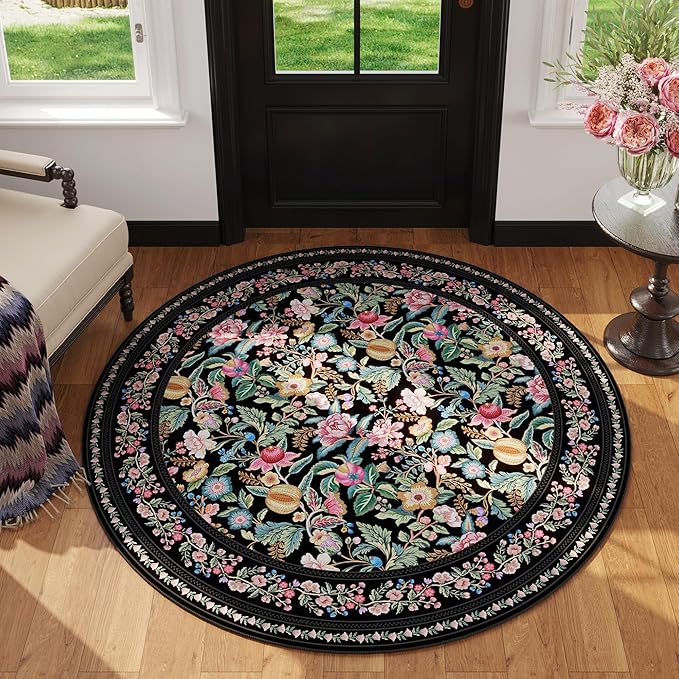 Round Rug 4ft Washable Circle Rug Non Slip Low Pile Vintage Floral Small Circular Rug for Bedroom, Bathroom, Entryway, Kids Room, Office, Black