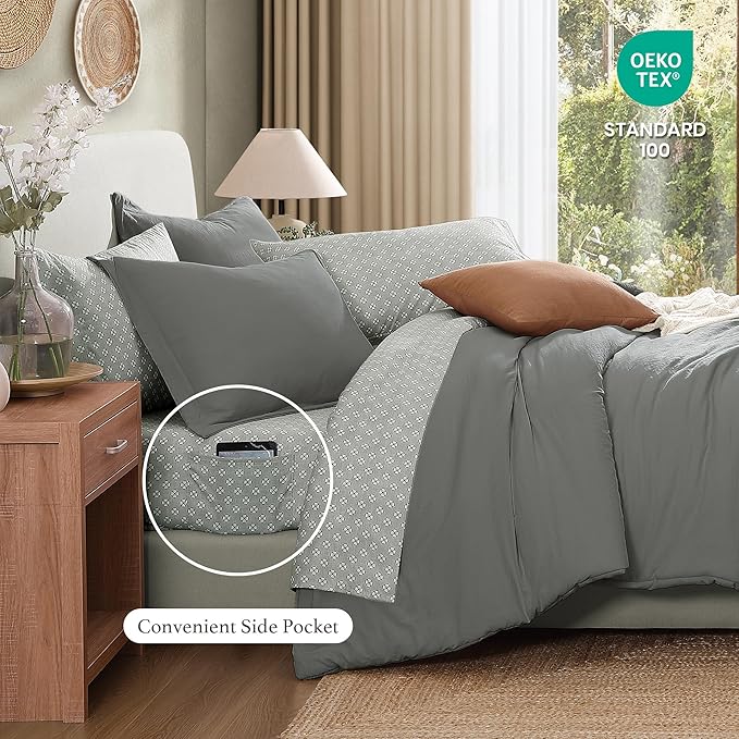 Monbix King Size Comforter Set - 7 Pieces Granite Grey Prewashed Bed in a Bag King Bedding Sets with Comforters, All Seasons Down Alternative Comforter Bed Set with Sheets,Pillowcases & Shams