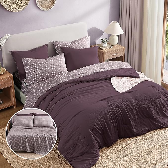 Monbix Full Size Comforter Set - 7 Pieces ltalian Plum Prewashed Bed in a Bag Full Bedding Sets with Comforters, All Seasons Down Alternative Comforter Bed Set with Sheets,Pillowcases & Shams