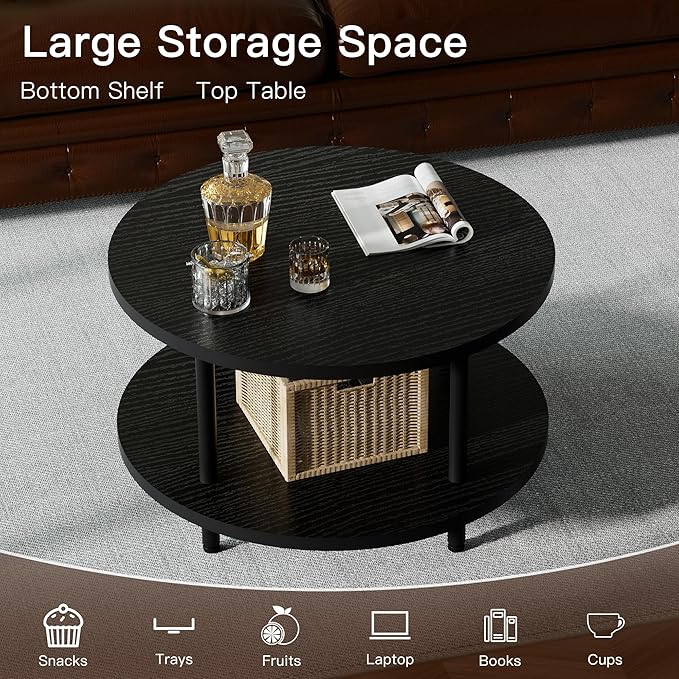 Round Coffee Table, 23.6" Circle Coffee Table for Living Room, 2-Tier Wood Accent Center Table with Open Storage Industrial Design Home Furniture, Black