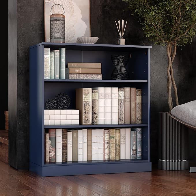 Palace Imports Solid Wood Bookcase - 3-Tier Bookshelf, 36" H x 32” W - Antique Blue, Modular Storage Display, Eco-Friendly Solid Wood, Made in Brazil