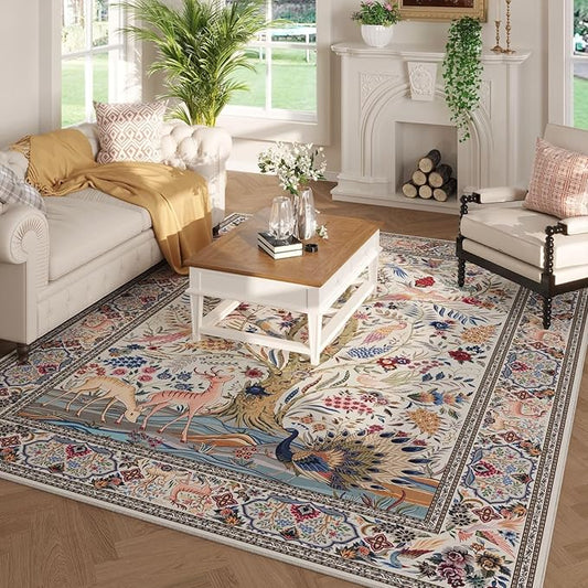 Area Rugs 5x7 Vibrant Tree of Life-Patterned Vintage Washable Area Rug Non Slip Low Pile Large Rugs for Living Room Bedroom Farmhouse Dining Room Kids Playroom, Beige
