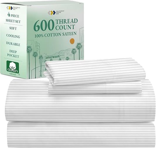 California Design Den California King Sheet Set - 100% Cotton, 600 Thread Count Deep Pocket, Luxury Soft Sateen Hotel-Quality Cal King Sheet Set - Ticking Stripe Pattern