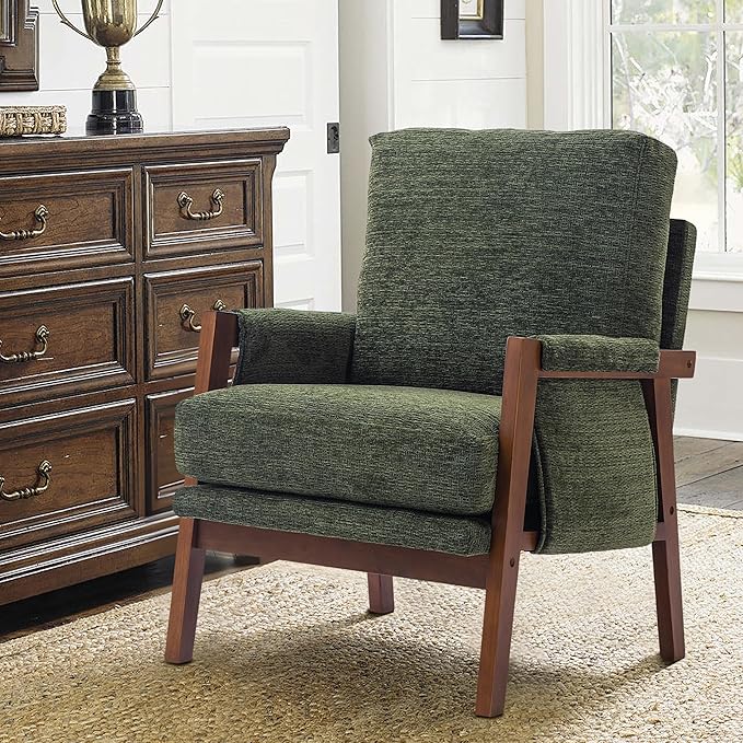Modern Accent Chair for Living Room Mid Century Arm Chair Upholstered Bedroom Chair Comfy Lounge Chair with Solid Wood Frame, Green