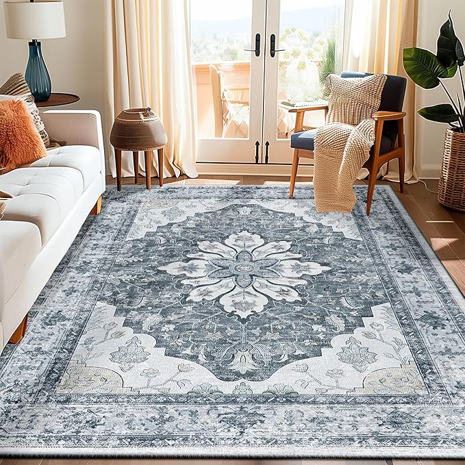 Area Rugs 5'x8' Washable Non-Slip, Floral Vintage Distress Print Pattern Medallion Carpet for Living Room Bedroom Dining Room, Light Gray Grey White