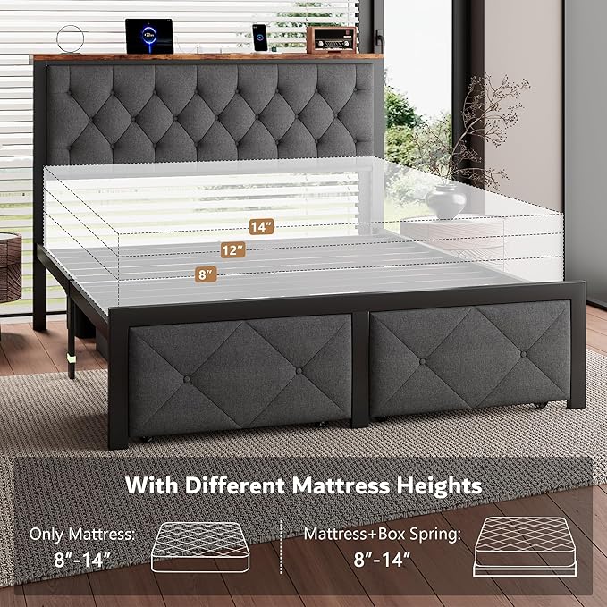 iPormis Queen Bed Frame with 2 Storage Drawers, Linen Upholstered Headboard Platform Bed with Charging Station, No Box Spring Needed, Metal Slats Support, Noise-Free, Easy Assembly, Grey