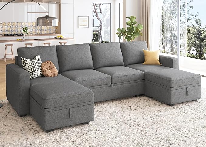 HONBAY Modular Sectional Sleeper Sofa Bed, Sectional Couch with Pull Out Bed U Shaped Modular Couch with Storage Ottoman for Living Room, Dark Grey
