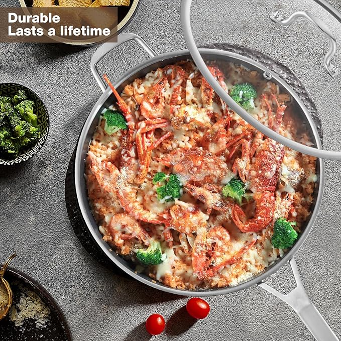 12-Inch Tri-Ply Fully Bonded Stainless Steel Frying Pan with Tempered Glass Lid | Chef's Skillet, Induction Compatible, Dishwasher & Oven Safe