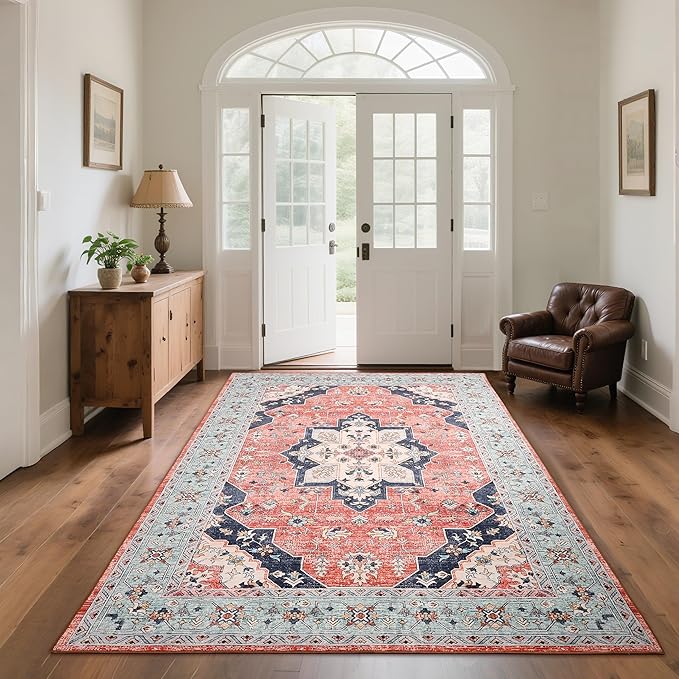 Vintage Area Rug 5x7 Rugs, Machine Washable Rug Non-Slip Low Pile Rug for Living Room, Bedroom, Farmhouse, Dining Room, Red&Blue