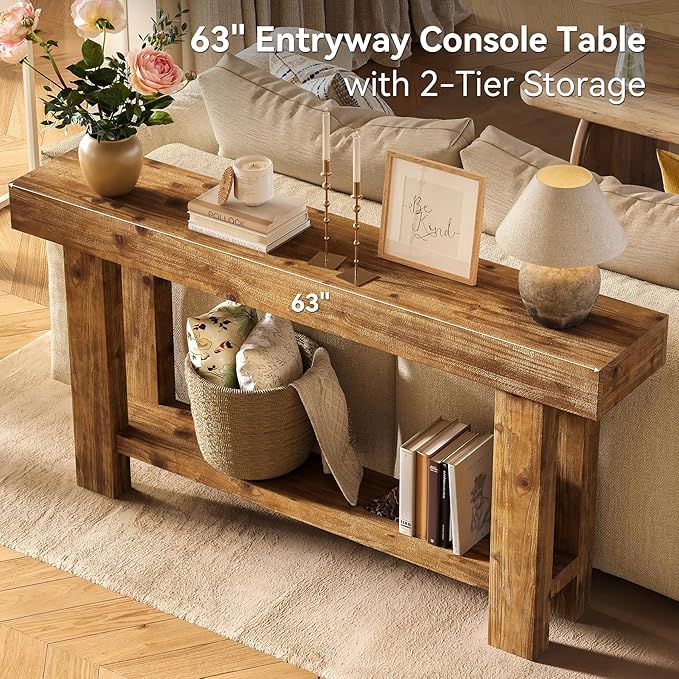 63-Inch Solid Wood Long Console Table, Farmhouse Narrow Entryway Sofa Table with 2-Tier Storage, for Living Room, Hallway, Entrance, Foyer, Rustic Brown