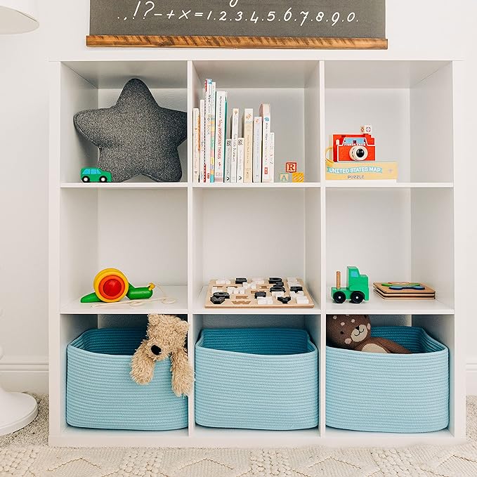 OrganiHaus Blue Basket for Shelves, Decorative Cloth for Organizing, Cotton Rope Storage Basket for Toys, Small Woven Baskets for Storage