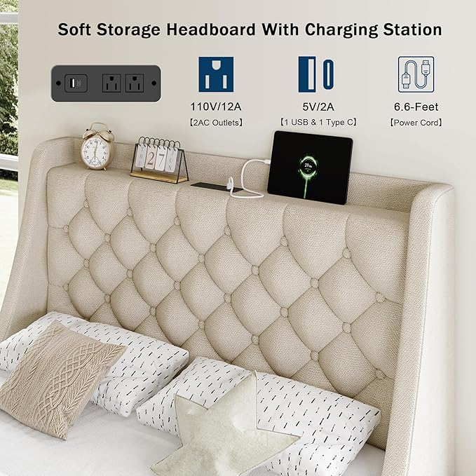 Twin Bed Frame with 4 Storage Drawers, Giant Upholstered Wingback Headboard, Fast Charging Station, No Box Spring Needed, Noise-Free, Beige