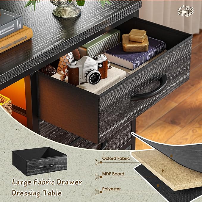 Black TV Stand with 12 Fabric Drawers for 55 inch TV, Entertainment Center with Charging Station & LED Lights, TV Media Console Table with 2 Open Storage Shelves for Living Room, Dorms, Wood Top