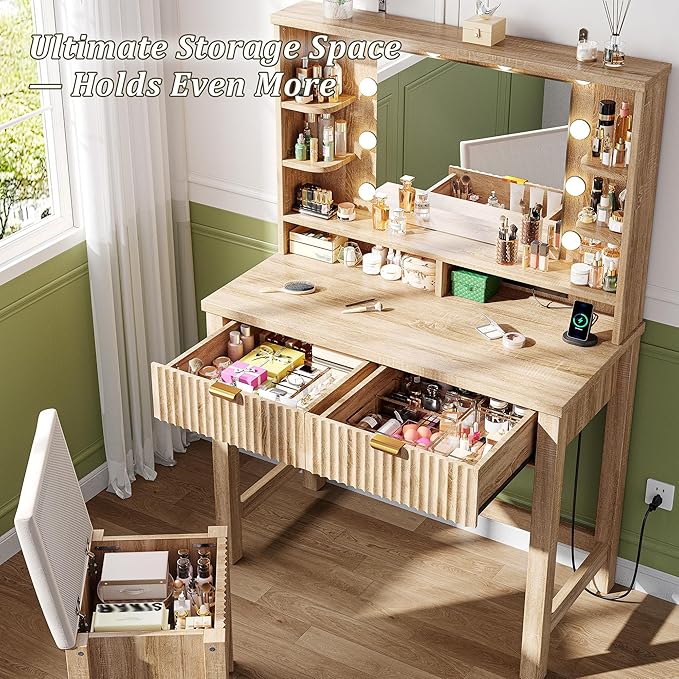 Vanity Desk with HD Mirror and 3-Color Adjustable Lights, Fluted Makeup Vanity with Storage Stool, 2 Large Drawers & Charging Station, Small Vanity for Women's Bedroom, Dressing Room, Oak