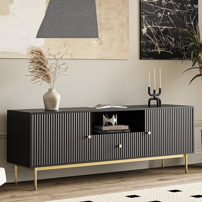 Fluted TV Stand, Modern TV Stand for 70 Inch TV, Entertainment Center with 2 Storage Cabinets, Fluted Panel Media Console for Living Room, Bedroom, Office, Black