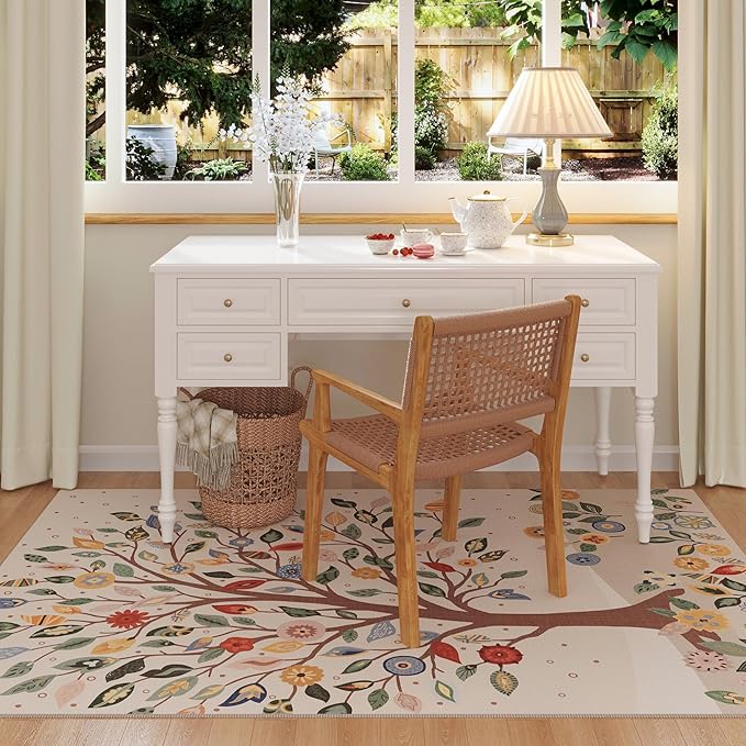 Bedroom Rug 3x5 Rug Washable Area Rug Bohemian Non Slip Low Pile Floral Tree Small Carpet for Bedroom, Bedside, Kitchen, Entryway, Kids Room, Office, Beige